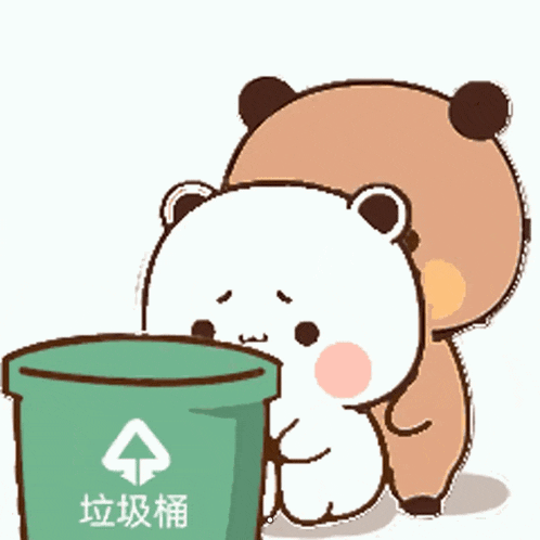a cartoon bear is standing next to a green garbage can .
