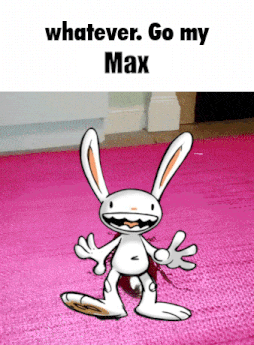 a cartoon rabbit is standing on a pink rug with the words whatever go my max above it
