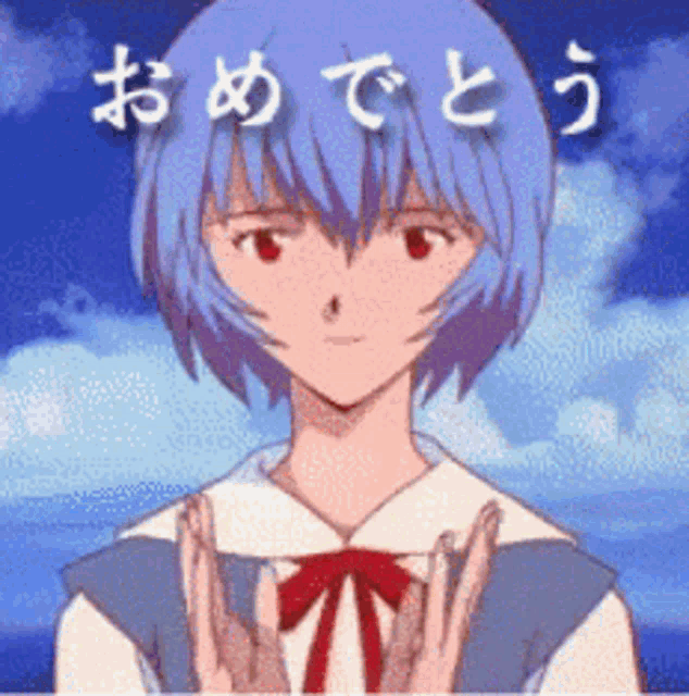 a girl with blue hair is giving a peace sign in front of a blue sky