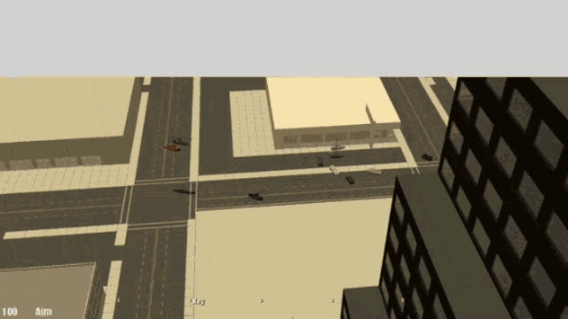 a computer generated image of a city intersection with the numbers 100 and 5 on the bottom left