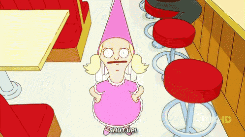 a cartoon character wearing a pink dress and a pink hat is standing in a diner .