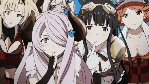 a group of anime girls are standing together and one of them has horns on her head