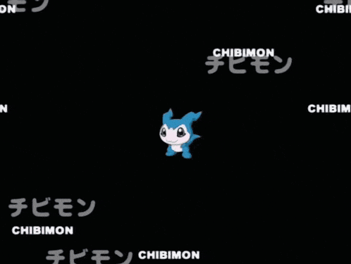 a blue and white cartoon character is standing in a dark room