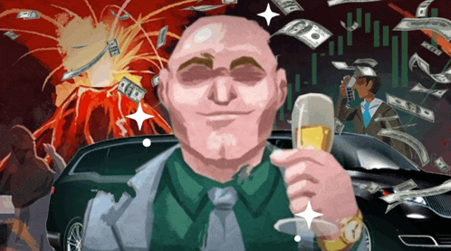 a man is holding a glass of champagne in front of a car and money