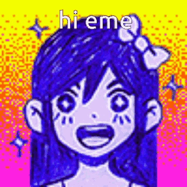 a cartoon girl with blue hair and a bow on her head is smiling .