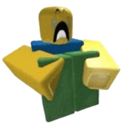 a yellow and green roblox character with a crying face and a blue shirt .