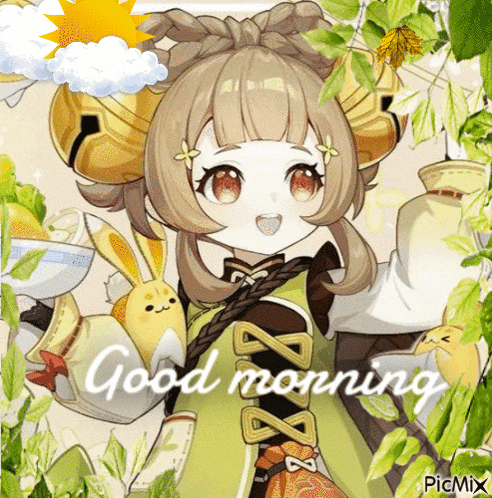 a picture of a girl with the words " good morning " written on it