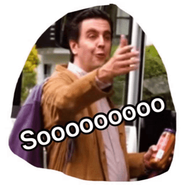 a man with a backpack is holding a bottle of peanut butter and says sooooooo
