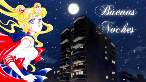 a poster that says buenas noches with a picture of a building in the background