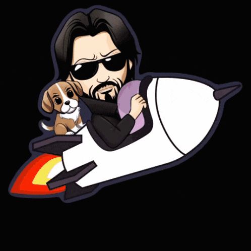 a cartoon of a man holding a dog on a rocket with the letters ke on the bottom