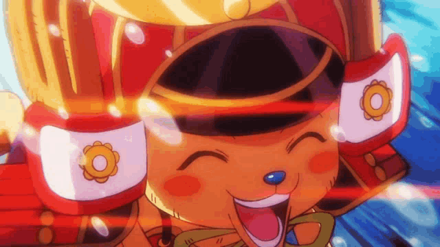 a close up of a cartoon character wearing a red helmet