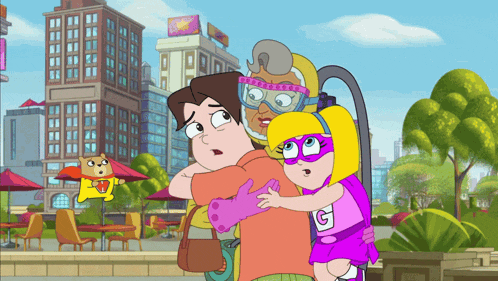 a cartoon of a woman holding a little girl with the letter g on her outfit