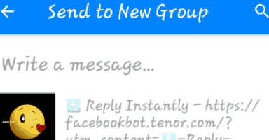 a blue screen with the words send to new group and a picture of a smiley face