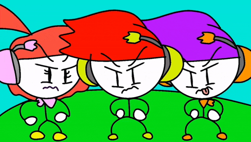 three stick figures are standing next to each other with one wearing headphones and a red hat