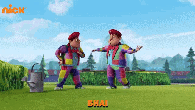 two cartoon characters standing next to each other with the word bhai in the corner
