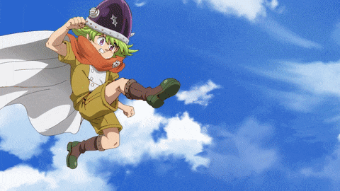 a cartoon character is flying through the air with a purple hat on