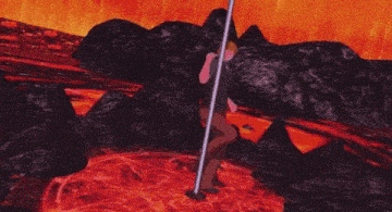 a man standing on a pole in the middle of a lava field
