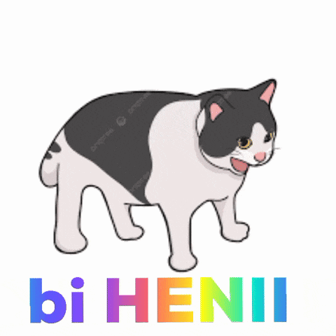 a cartoon drawing of a black and white cat with the words bi henii below it