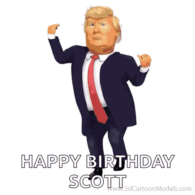 a cartoon of donald trump running with the words happy birthday scott below him