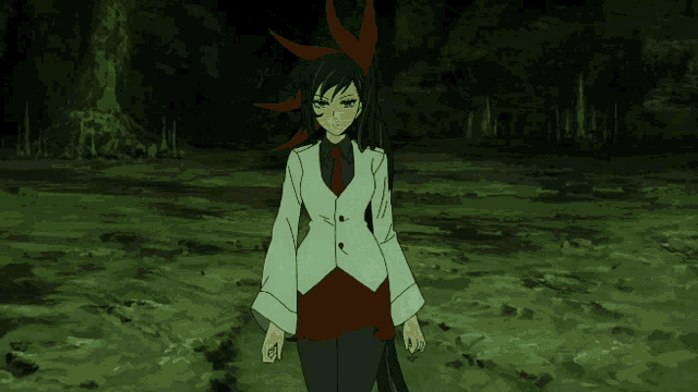 a girl with a red flower on her head stands in front of a blue lightning bolt