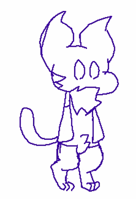 a drawing of a cat with a purple tail
