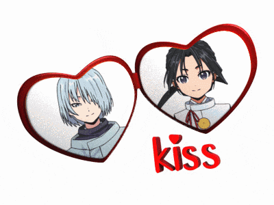 a couple of anime characters in hearts with the word kiss below them