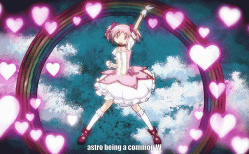 a girl with pink hair is surrounded by pink hearts and the words astro being a common w
