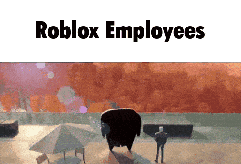 a cartoon of a man standing next to a large black object that says roblox employees on the bottom
