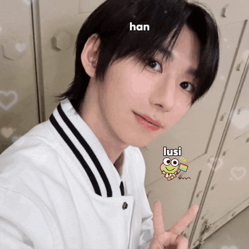 a close up of a person 's face with the name han written above it