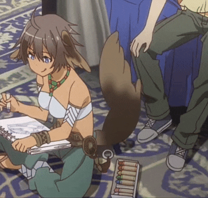 a girl with a wolf tail is kneeling down with a notebook