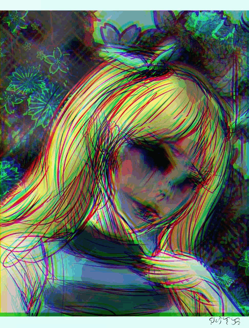 a drawing of alice from alice in wonderland with a signature on the bottom right