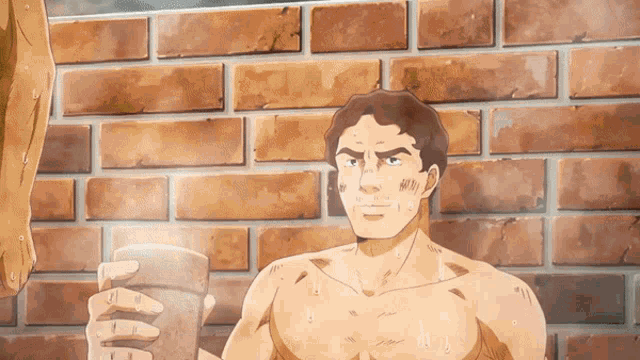 a cartoon of a shirtless man taking a shower
