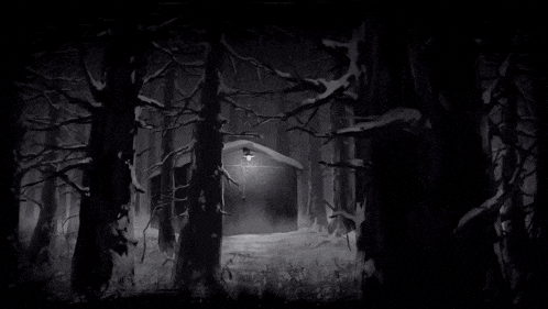 a cat is standing in front of a dark forest with the word tam written on the bottom