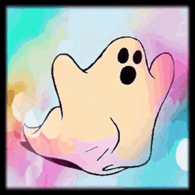 a cartoon drawing of a ghost on a rainbow background