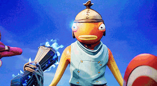 a cartoon character with a fish head is holding a hammer