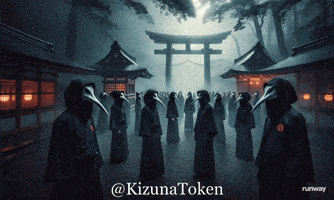 a group of people wearing masks are standing in front of a torii gate with the hashtag kizunatoken