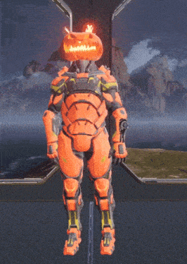 a video game character has a pumpkin head on his head