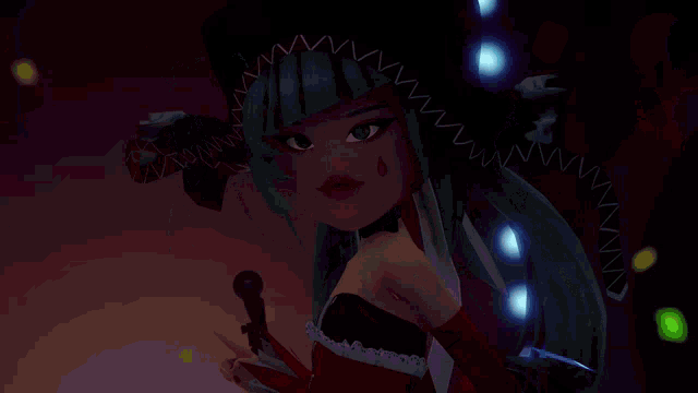 a cartoon girl with blue hair is holding a knife in her hand