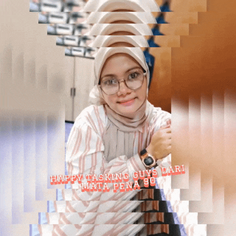 a woman wearing glasses and a hijab has the words happy tasking guys dari mata pena 90 on the bottom