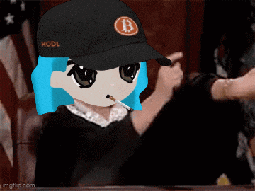 a girl with blue hair wearing a hodl hat