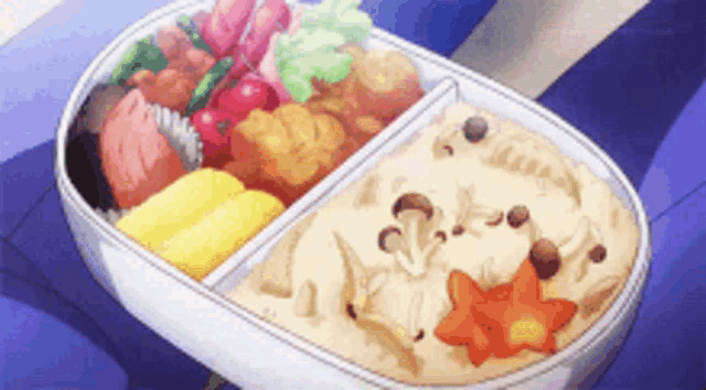 a cartoon drawing of a bento box filled with food and vegetables .