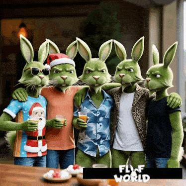 a group of green rabbits standing next to each other with a flier that says fluff world