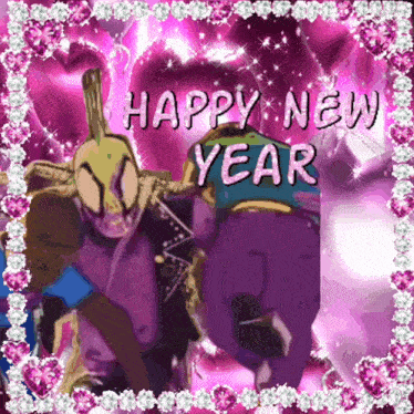 a happy new year greeting card with a purple character