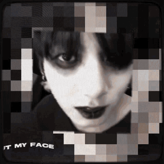 a black and white photo of a person 's face with the words " it my face " on the bottom right
