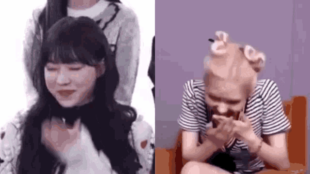two girls are sitting next to each other on a couch and one is crying .
