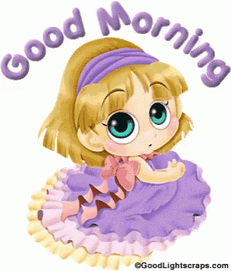 a cartoon girl in a purple dress with the words good morning above her