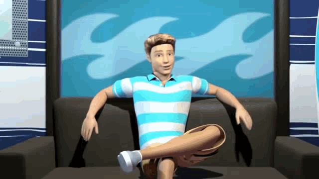 a man in a blue and white striped shirt sits on a couch with his legs crossed