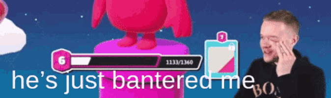 a man wipes his eyes in front of a screen that says he 's just bantered me bo