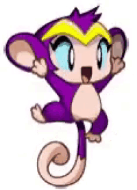 a purple monkey with blue eyes and a yellow crown on its head is flying in the air .