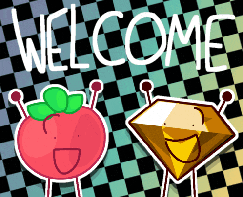 a welcome sign with a red apple and a diamond